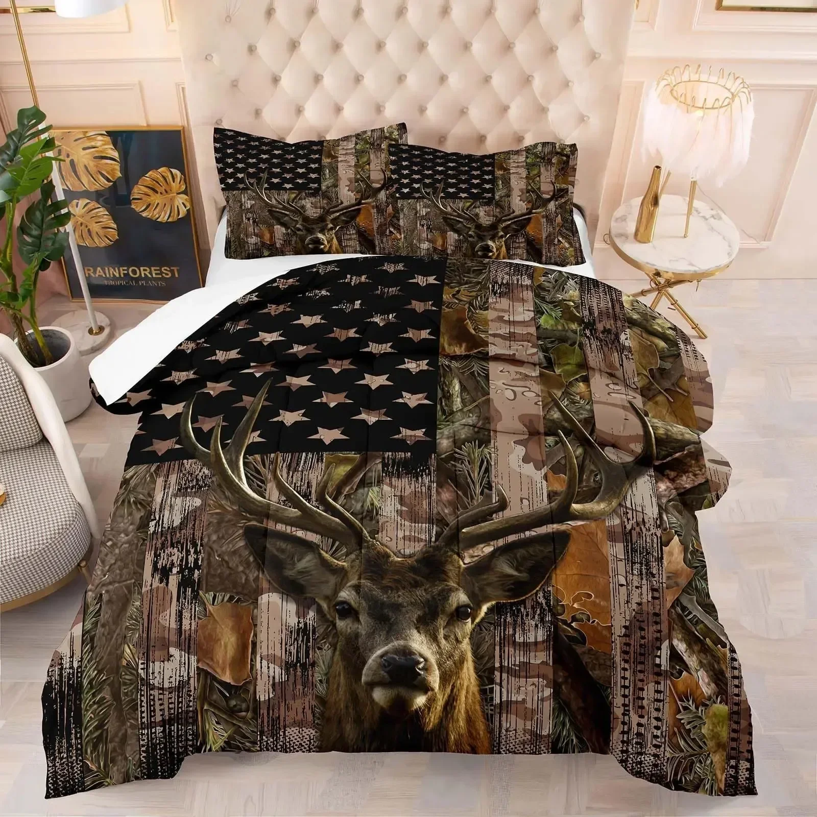 Wild Deer Comforter Sets for Kids Teens, American Flag Camo Bedding Sets Full Size Comforter Sets with 1 Comforter 2 Pillowcase 2