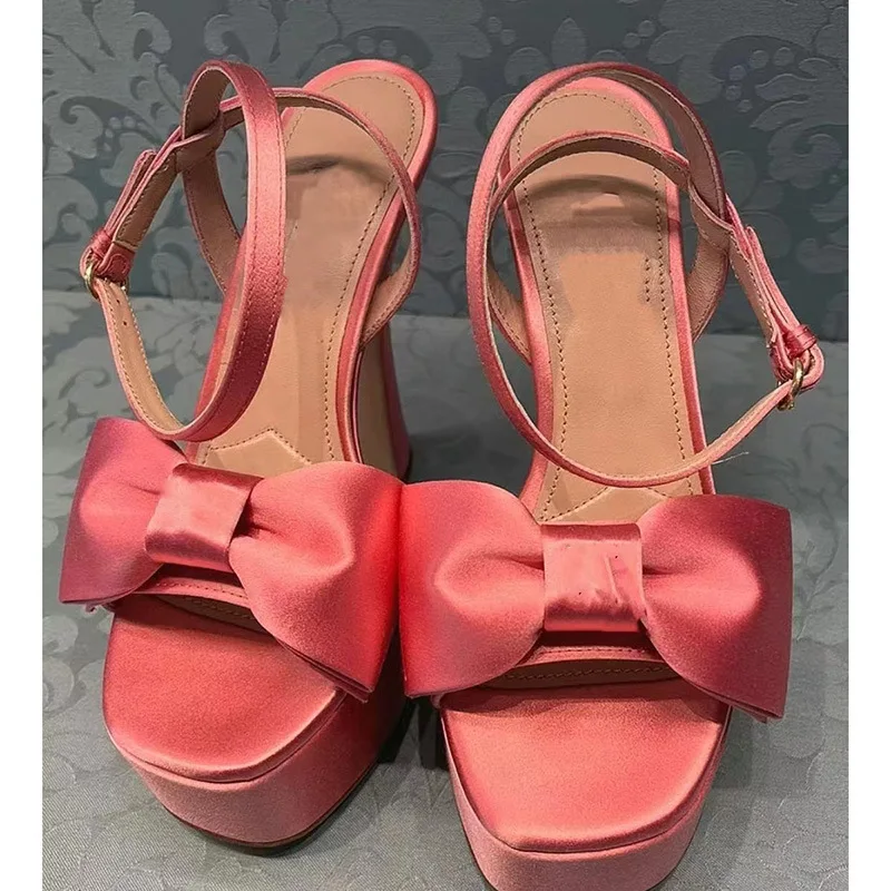 

Solid Platform Round Toe High Heels One Word Buckle Strap Pumps New Design Butterfly-knot Sandals Plus Size Fashion Women Shoes