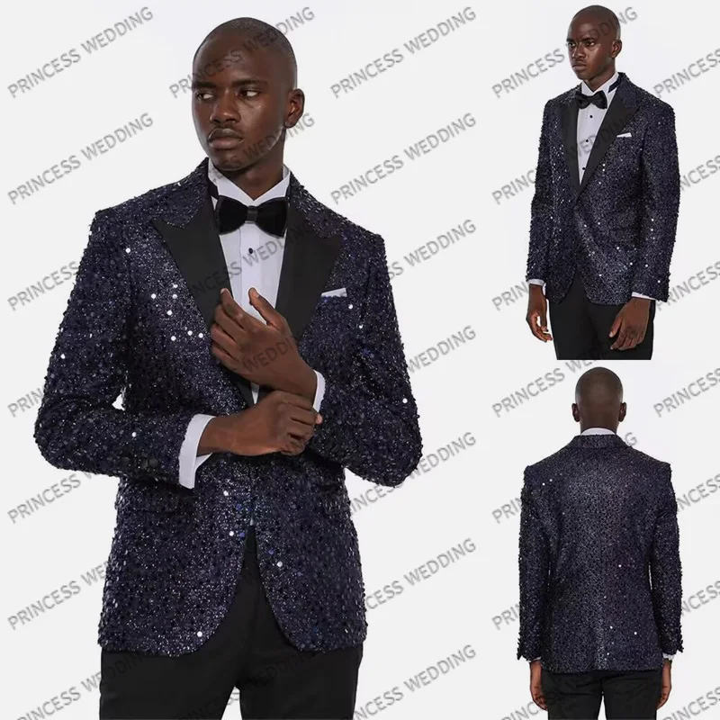 

Sparkly Sequined Men Wedding Tuxedos 2 Pieces Tailored Peaked Lapel Outfits Groom Black Pants Sets