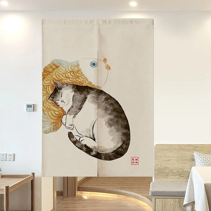 Chinese Door Curtain Split Noren Living Room Bedroom Partition Fat Cat Printed Drapes Kitchen Entrance Hanging Half-CurtainsJapanese Door Curtain Noren Lucky Cat Doorway Curtain For Kitchen Sushi Izakaya Home Entrance Decor Partition Fengshui Curtain 