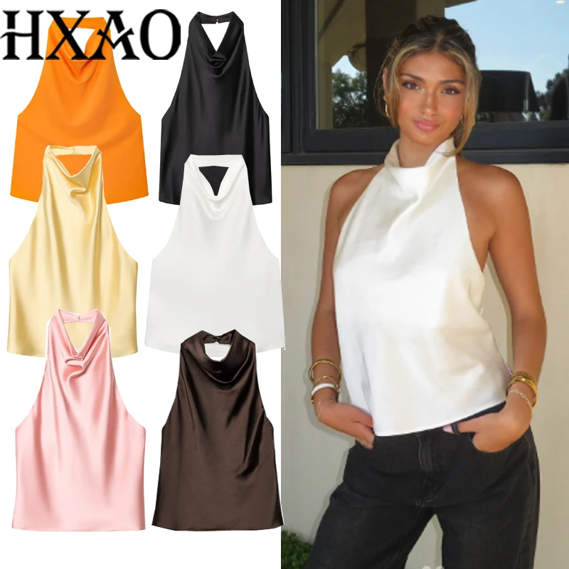 HXAO Braun Neckholder Top Frauen Sommer Crop Tops Für Frau Ärmelloses Satin Schwarz Top Leibchen Backless Weiß Top Party Sexy Tops – Detail 10