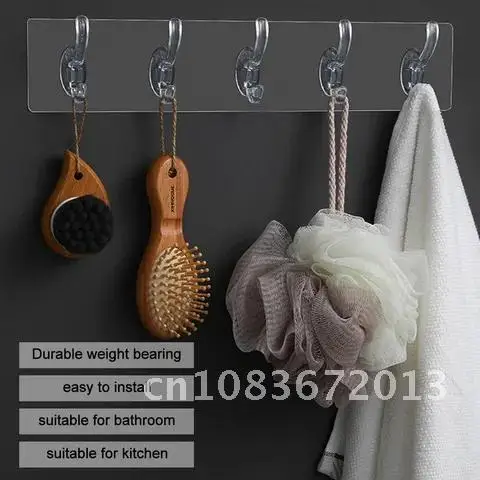 

Hook Wall Hanger Sticker Transparent Plastic Glue Hooks Kitchen Six Rows Hooks Bathroom Nail-Free A Row Of Traceless Hooks