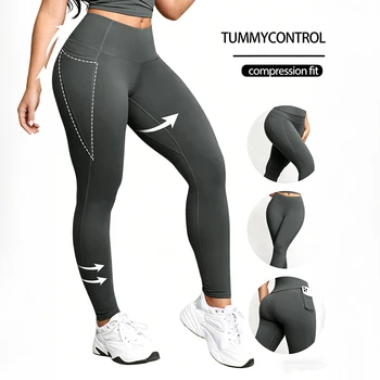 Women Leggings with Pockets Solid Color High Waist Butt Lifting Workout Tights Slim Elastic Pants Casual Wear 1