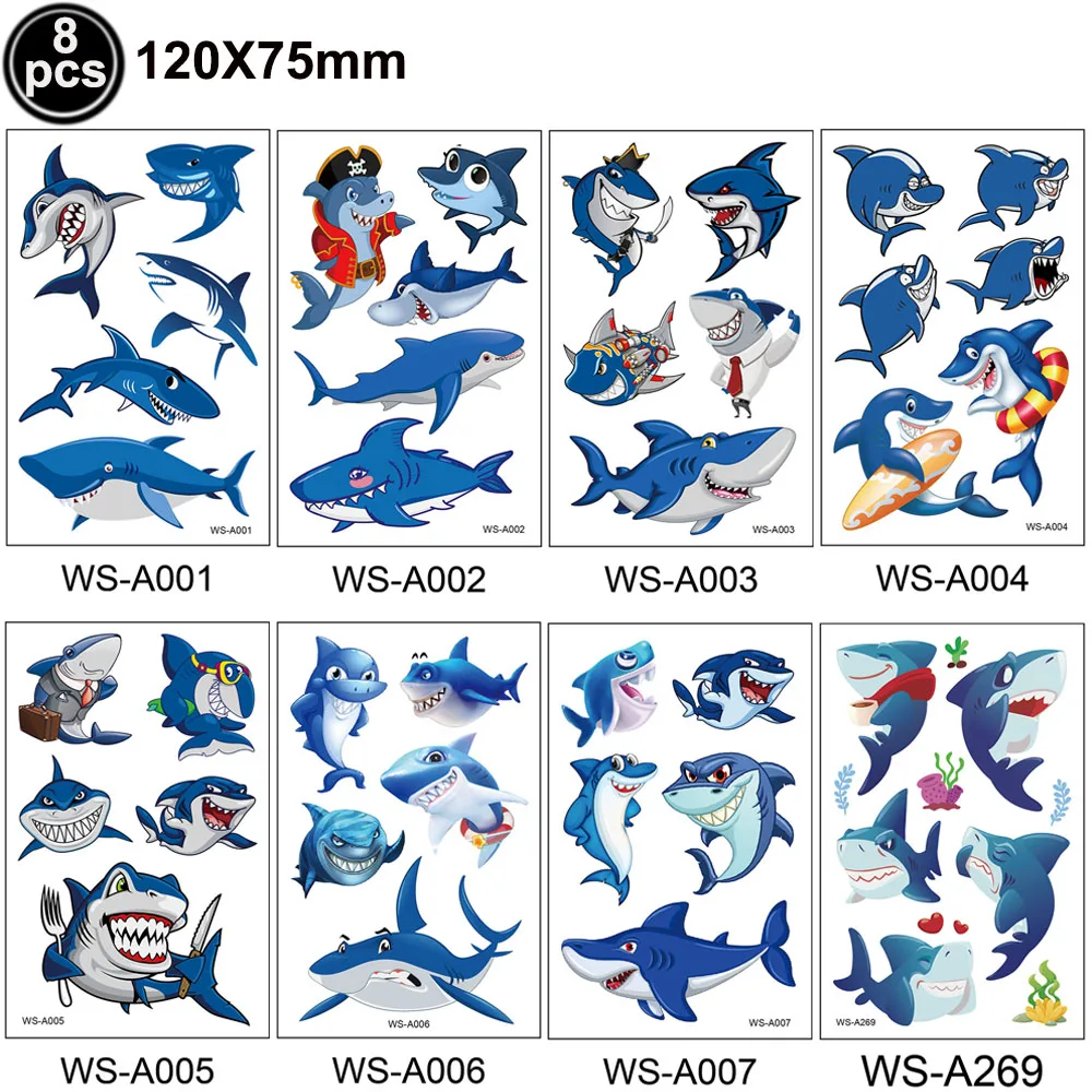 

8 Sheets Shark Tattoos Ocean Sea Themed Shark Temporary Tattoo Body Stickers Costume Accessories for Kids Birthday Party Favors