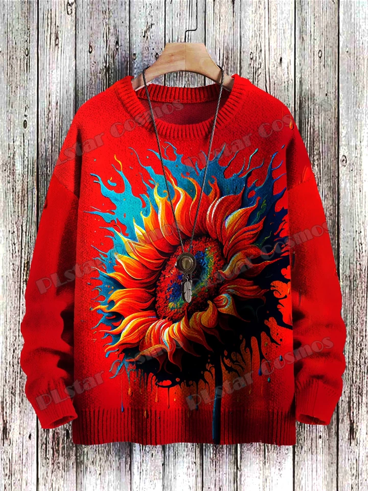 Cat Floral Art & Retro White Wolf Pattern 3D Printed Men's Knitted