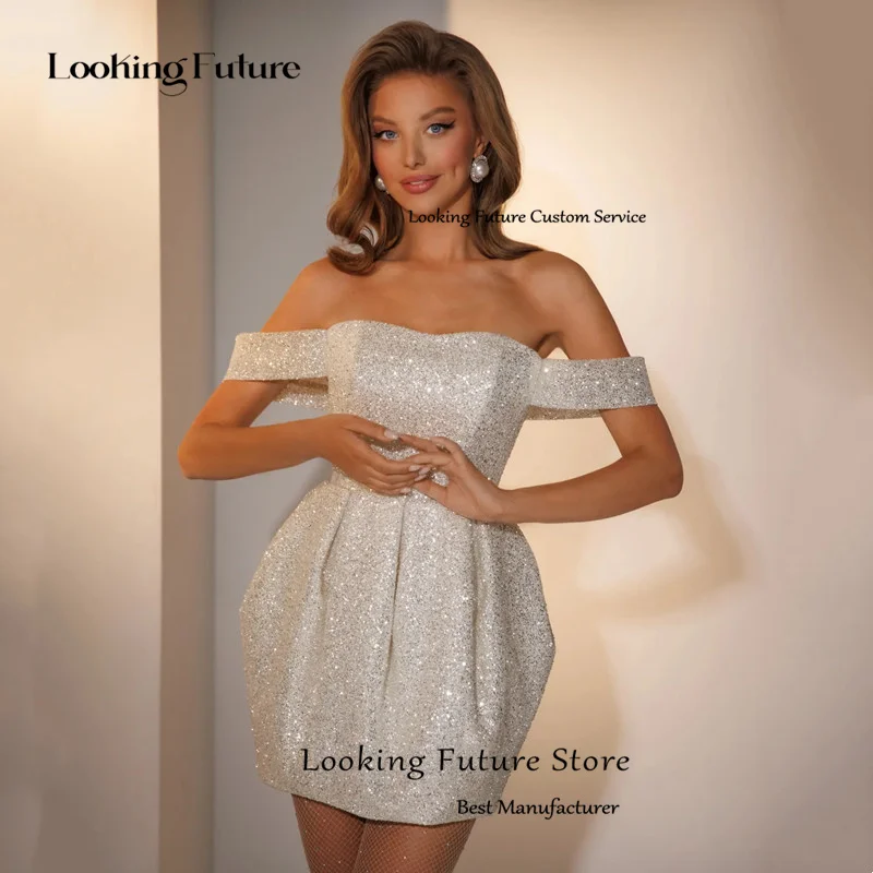 Luxury Shiny Sequined Mini Wedding Dress Simple Off Shoulder Strapless Bridal Sexy Backless Sleeveless Above Knee Customized 14 S8a6d0650a9c94a699a1b309f27ec985f1