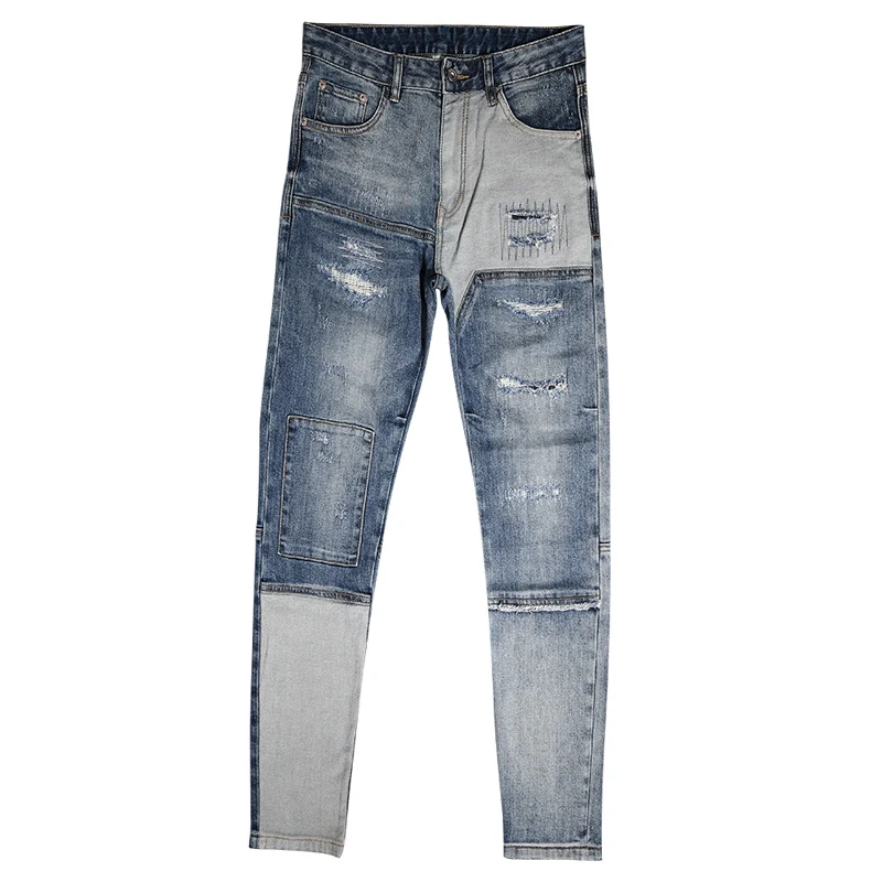 Streetwear Fashion Men Jeans Retro Blue Stretch Slim Fit Ripped Jeans Men Vintage Trousers Patched Designer Hip Hop Pants Hombre