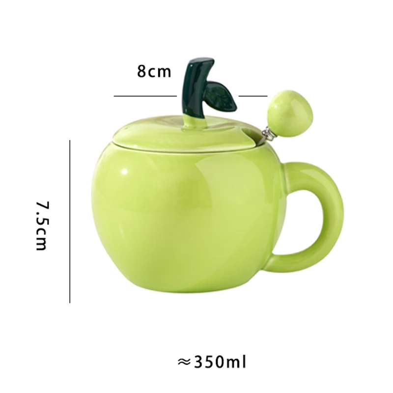 Chinese Style Ceramic Cute Mug, Home Personal Office Creative Covered Spoon, Fruit Apple Shape Milk Water Coffee Cup, 350ml, 1Pc