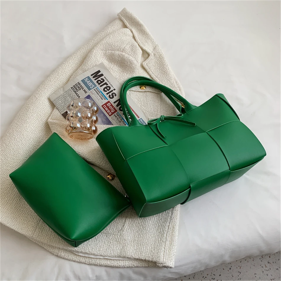 2 Set Weave Large Capacity Women's Tote Bags PU Leather Shoulder Bags for Women 2022 Fashion Lady Top-handle Bag Luxury Handbags 