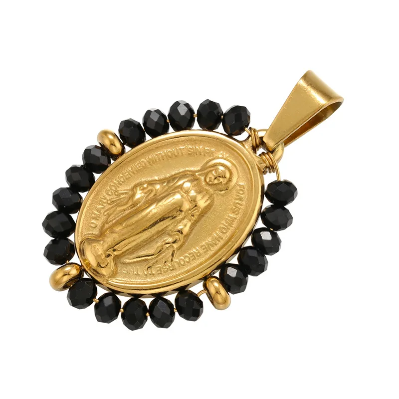Elegant Virgin Mary Pendant Necklace | Stainless Steel Pearl Beaded Choker in Gold and Rainbow Tones