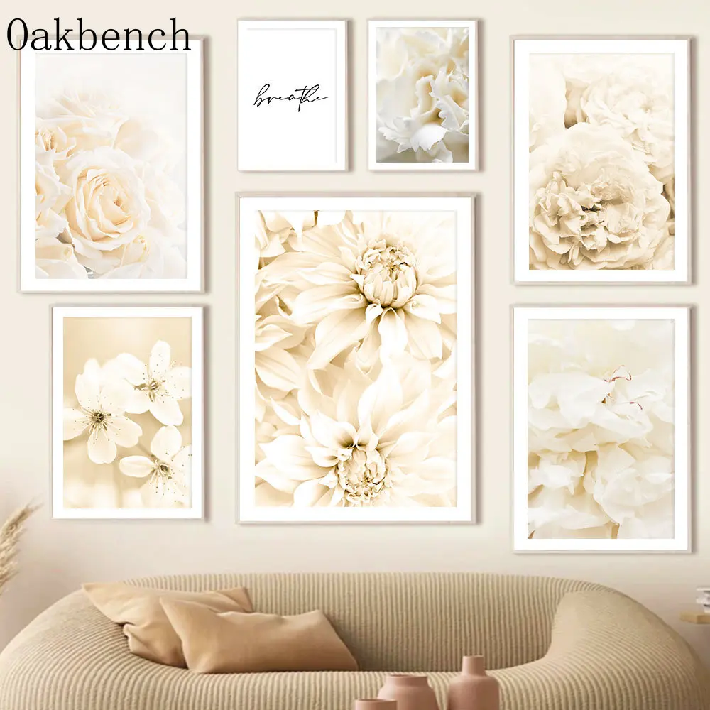 White Flowers Art Prints Cherry Blossoms Wall Art Pictures Stamens Canvas Painting Nordic Wall