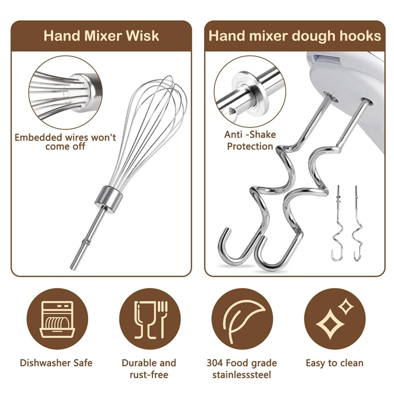 3Pcs For Kitchenaid Whisk Attachment Replacement Beaters Of Dough Hook And Whisk for Kitchenaid & Hand Mixer