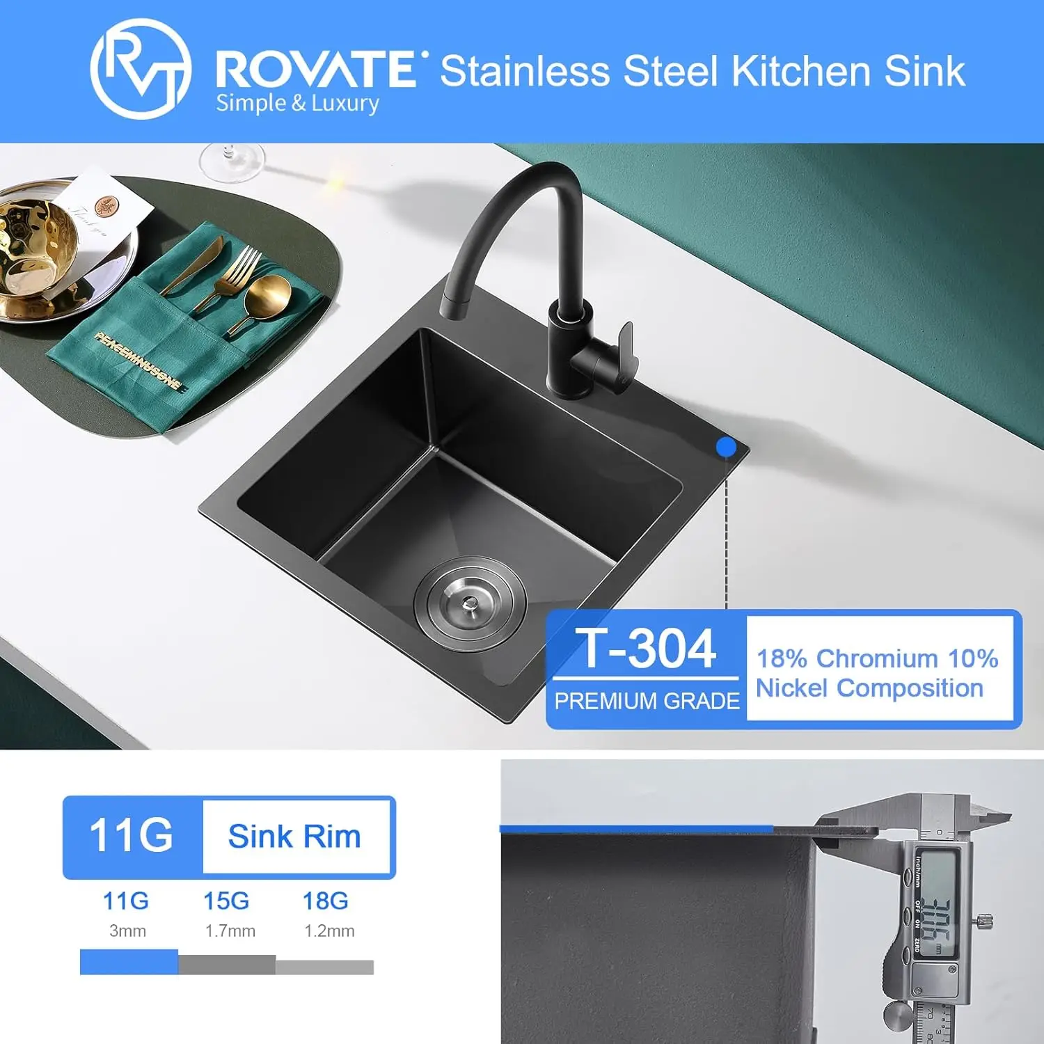 ROVATE 18x18 inch Drop in Kitchen Sink Black Nano Kitchen Bar Sink Top-mount Small Overmount Handmade 304 Stainless Steel Bar 5
