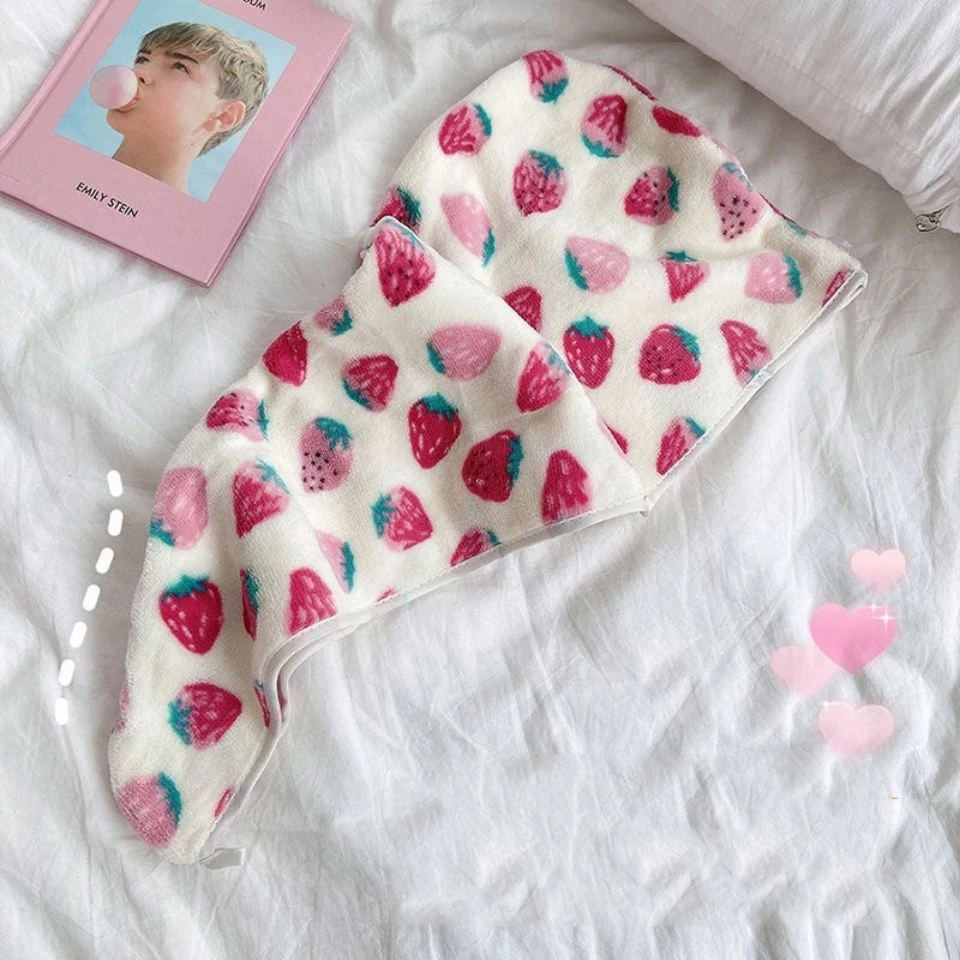 Cute Strawberry Print Hair Towels Microfiber Water Absorbent Coral Fleece Quick Drying Soft Cap Students Dormitory Turban microfiber towel hair towel