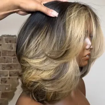 Blonde Highlight Layered Cut Bob 5X5 Lace Closure Wig Short Bob Wig Human Hair Colored Highlight Ombre Straight For Black Women 1