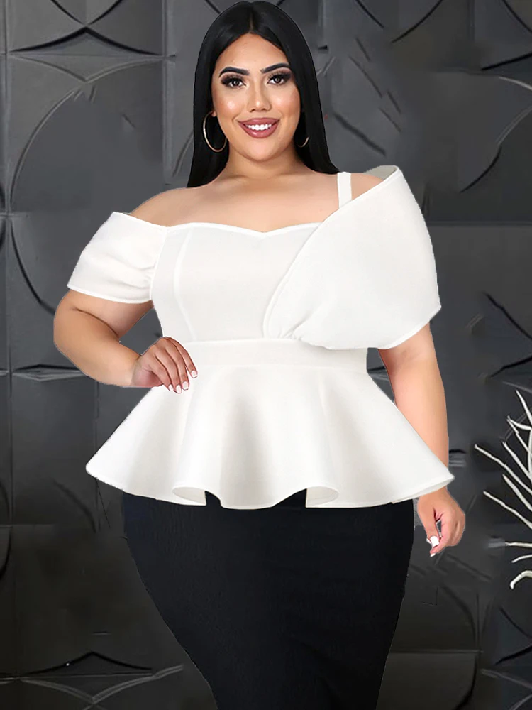 

White Tops Plus Size 4XL Off Shoulder Spaghetti Strap High Waist Peplum Blouses for Ladies Evening Cocktail Party Shirts