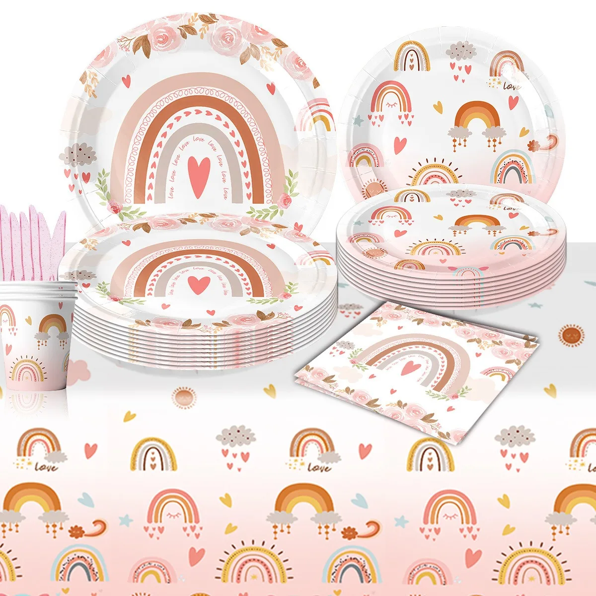 

Rainbow Theme Party Decoration Disposable Tableware Pink Rainbow Flower Plates Cups Napkin Girls Happy Birthday Party Supplies