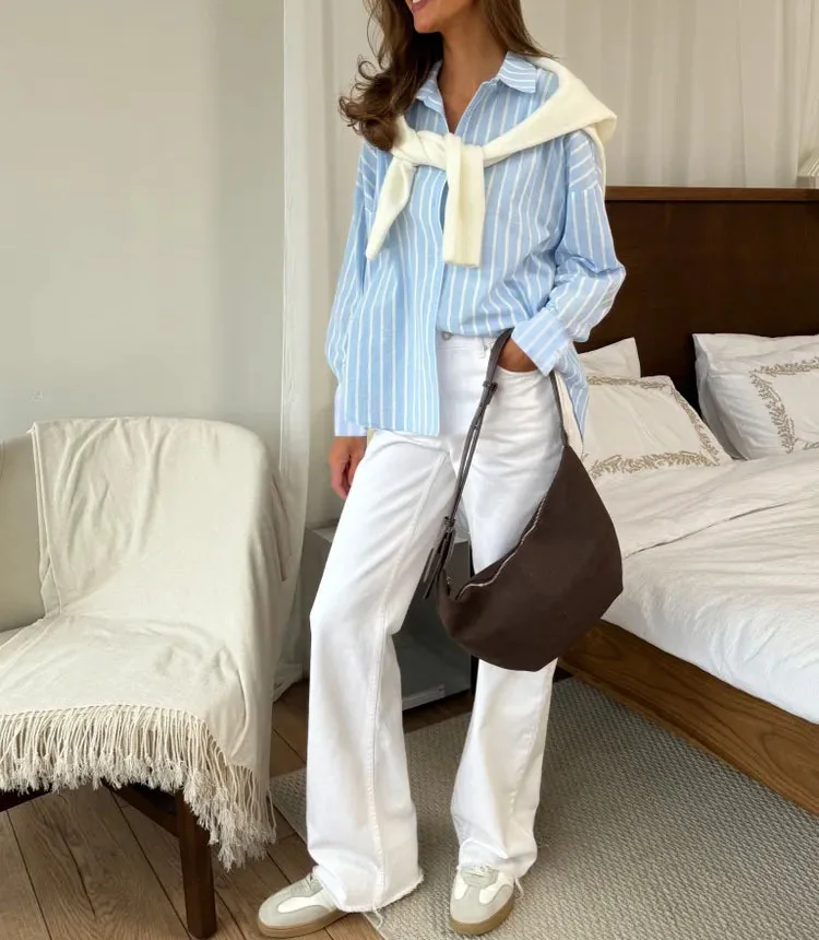Übergroße gestreifte Hemden und Blusen, lockere Passform, lässige Mode, Umlegekragen, Button-Down-Oberteil für Frühling und Sommer, Damenbekleidung – Detail 5
