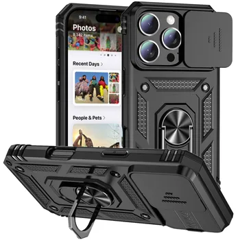 Ring Stand Rotating Slide Camera Lens Military Grade Armor Case for iPhone 17 16 E 14 13 12 11 15 Pro Max Plus Mini Cover 1