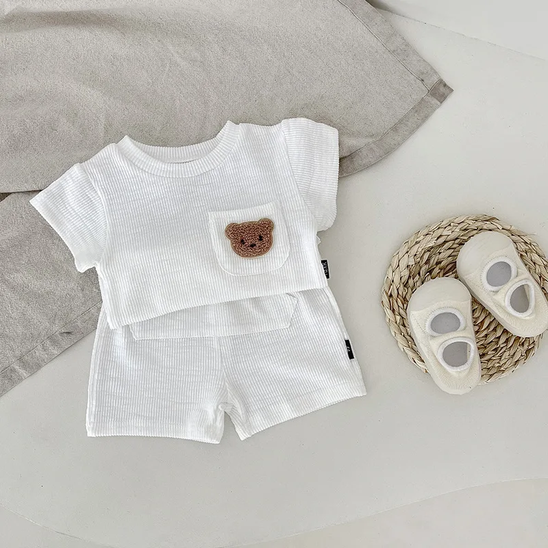 Newborn Baby Summer Candy Solor Set Girl Cute Bear Embroidery Pocket Short Sleeves Tops + Boy Solid Cotton Soft Shorts 2pc Suit sun baby clothing set Baby Clothing Set