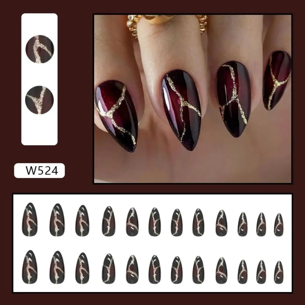 24pcs Detachable Press on Nails Diy French Long Almond False Nails Foil Wavy Leaf