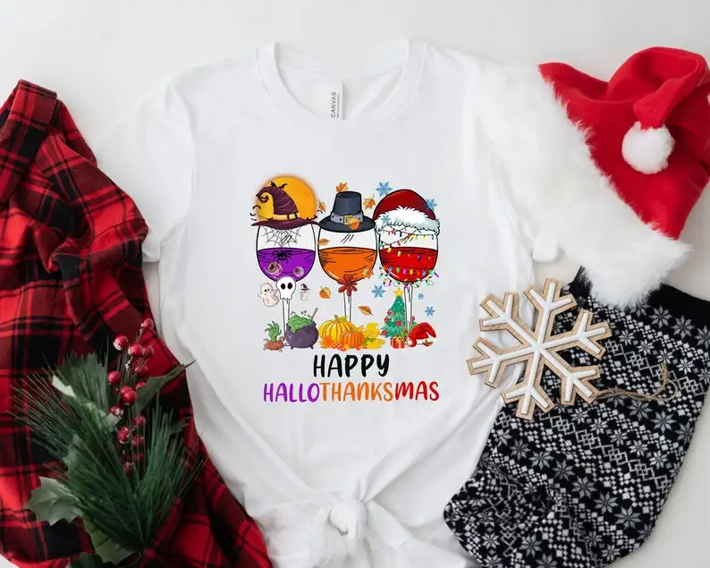 

Happy HalloThanksMas Wine Shirt Cute Drinking Funny Festival Tee Women Christmas Thanksgiving Halloween 100%Cotton goth harajuku