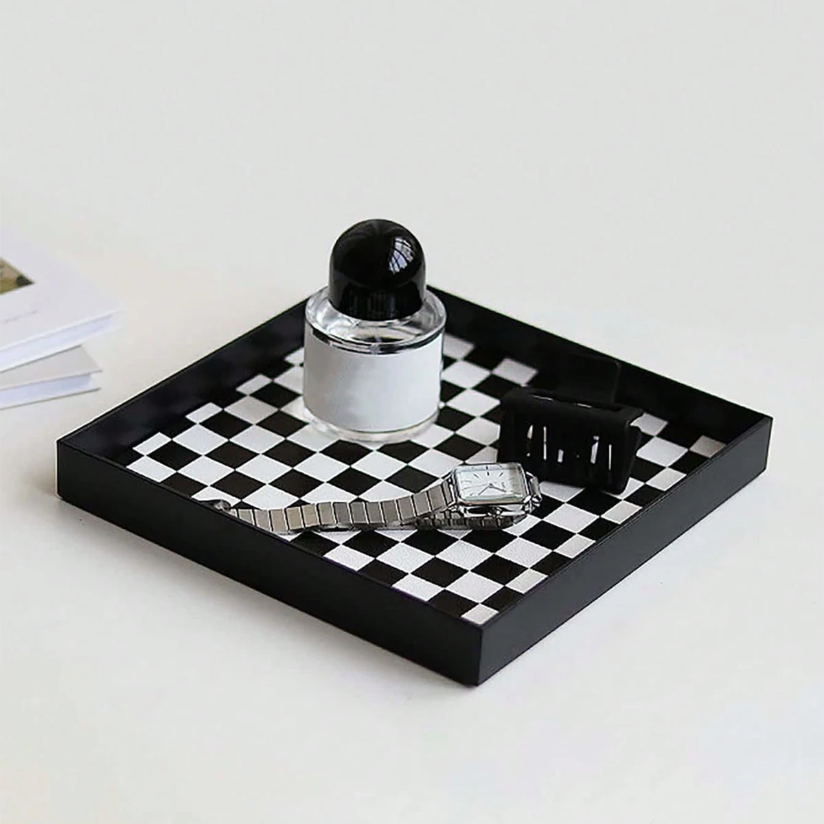 1pc-Desktop Storage Tray, Medieval Black and White Checkerboard Entrance Jewelry, Square Ornament