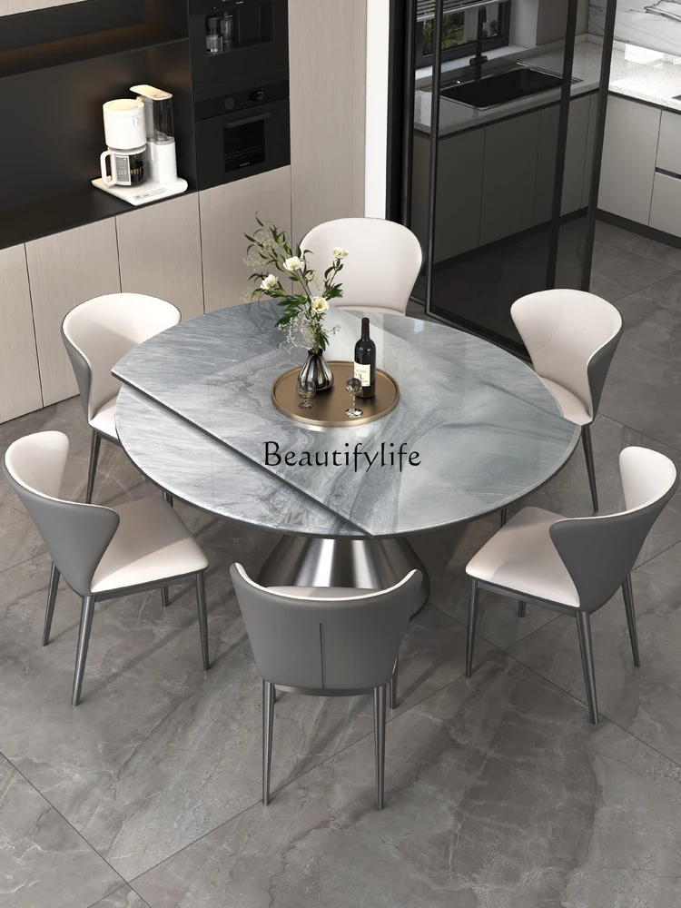 

Natural Microlite Retractable round Table Household Marble High-Grade Italian Light Luxury