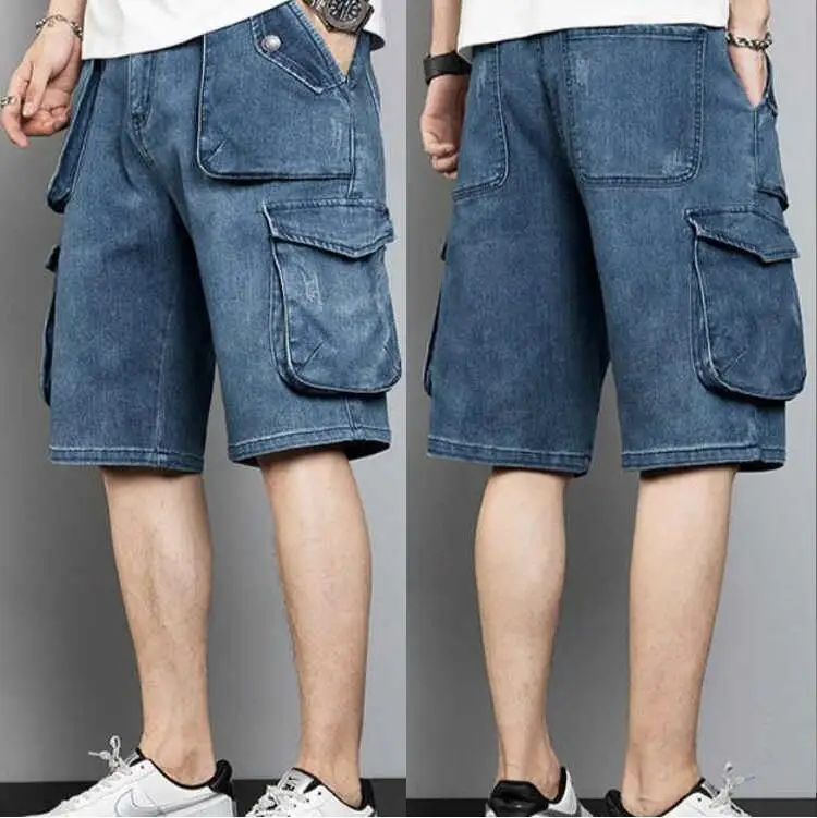 Men Loose Baggy Jeans Shorts Long 3/4 Capri Cargo Shorts Pocket Bermuda Male Multi-Pocket Denim