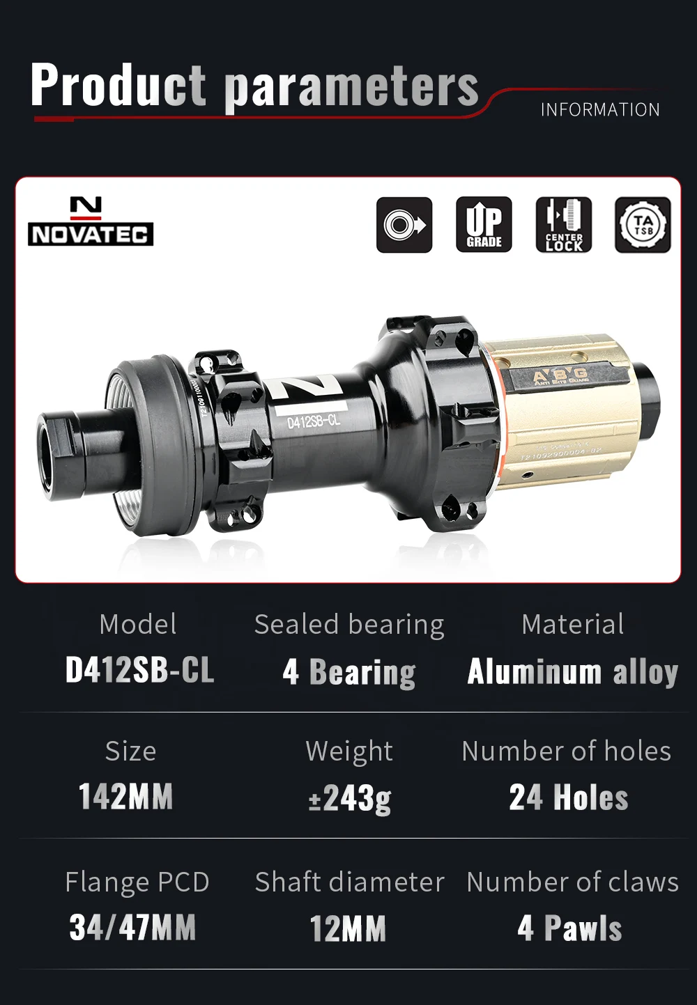 Description Picture 3 of itemRoad Bicycle Hubs 24 holes Center Lock Novatec D411SB-CL D412SB-CL Disc Brake  411/412 Thru Alex 100x12 142x12MM A.B.G Freehub
