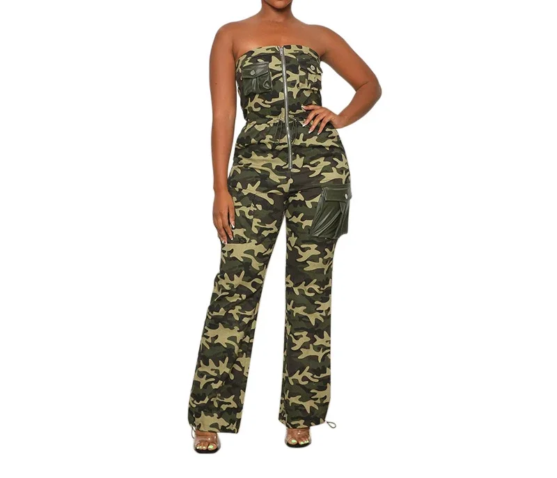 

Zipper Camouflage Fashionable Sexy Nightclub Off Shoulder Wrapped Chest Rubber Band Women's Jumpsuit 2023 Winter New Sleeveless