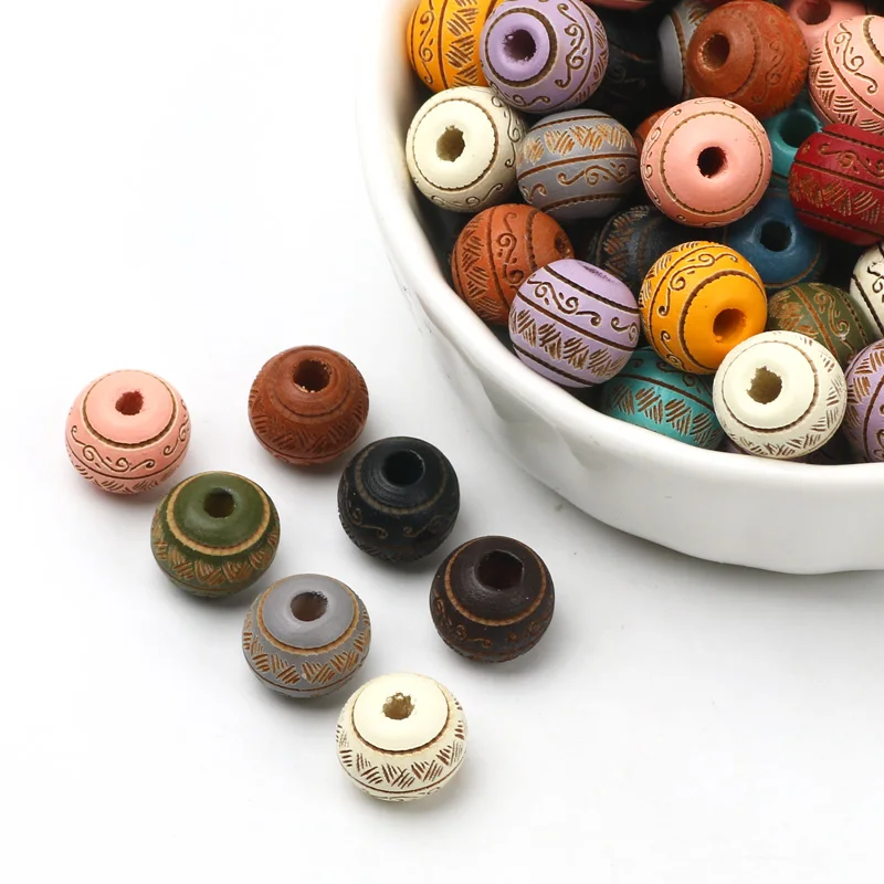 10Pcs 10mm 새겨진 꽃 나무 구슬 여러 가지 빛깔의 라운드 나무 느슨한 구슬 보석 만들기 Diy 의류 봉제 장식 바느질