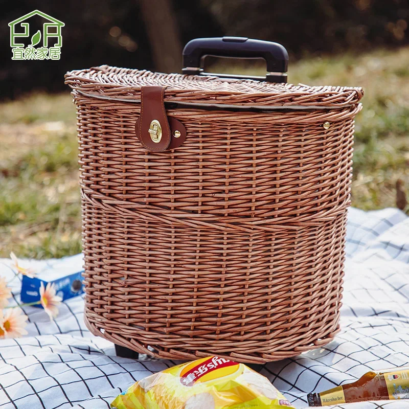 Outdoor Pull Rod Type Picnic Basket Container Multi-function Rattan Weave Picnic Carrier with Wheels Semi-circular Food Storage 4