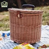 Outdoor Pull Rod Type Picnic Basket Container Multi-function Rattan Weave Picnic Carrier with Wheels Semi-circular Food Storage 4