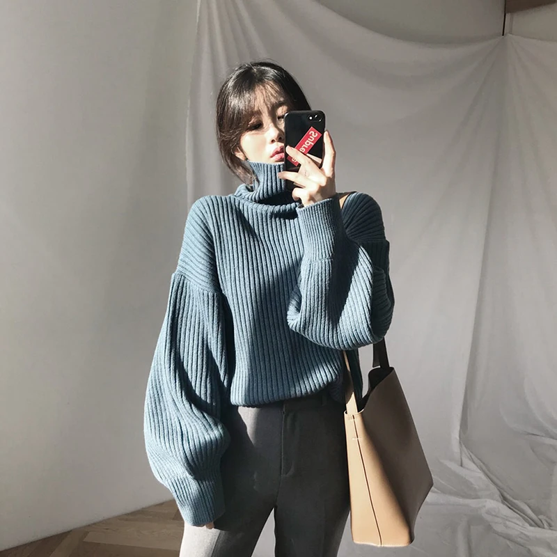 Simple Turtleneck Sweaters Women Lazy Wind Loose Long Sleeve Office Lady Knitted Pullovers Solid Vintage Autumn Tops
