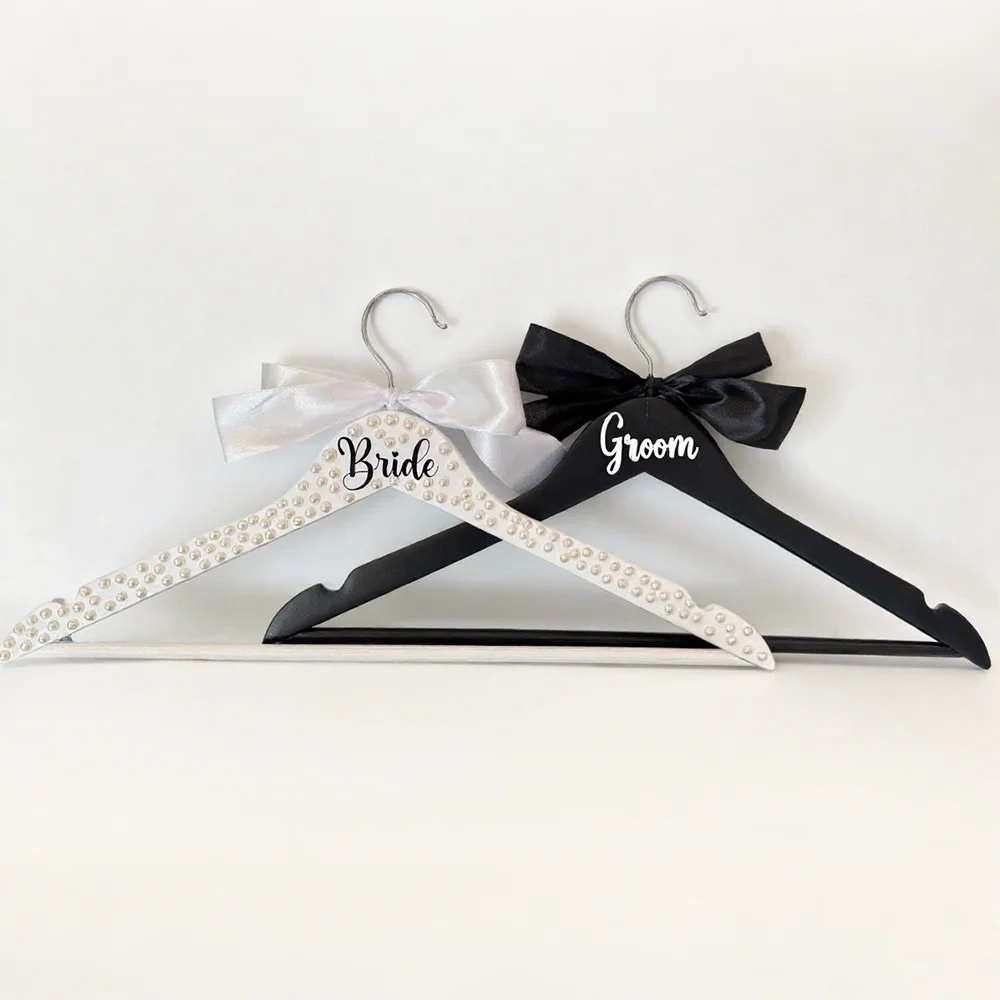2 Pcs Bride Hanger Bride and Groom Wooden Wedding Dress Hanger Set Bow Tie for Tuxedo Suit Wedding Gift Bridal Party Shower