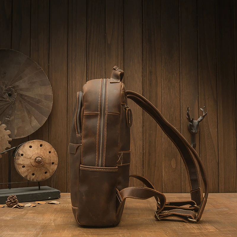 Handmade Crazy Horse Leather Backpack Cowhide Large Capacity Business Laptop Bag Vintage Genuine Leather School Bag Men Rucksack