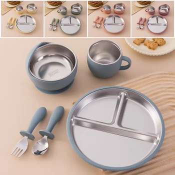 Color Kids 5PCS Baby Feeding Set Stainless Steel Silicone Tableware Sucker Dishes Plate Bowl Training Fork Spoon Infant Cup