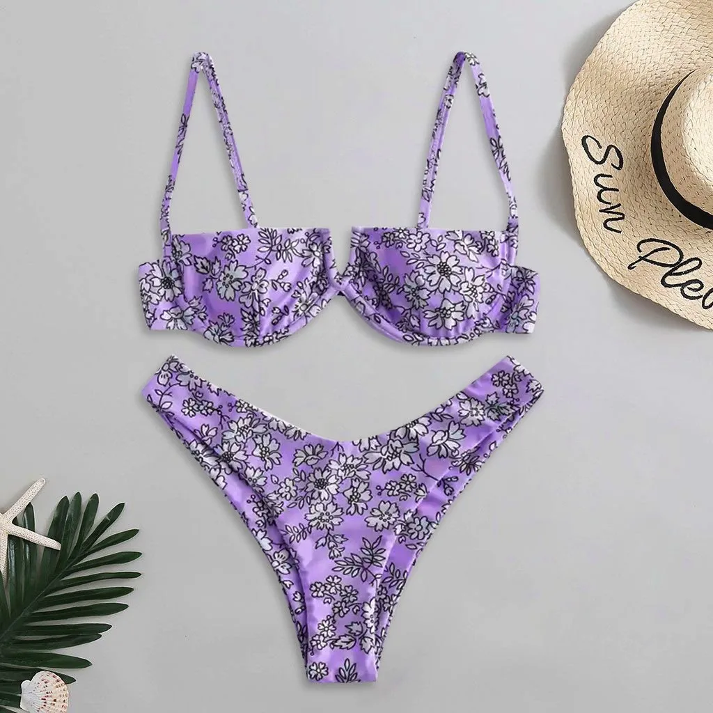 New V Wired Bikini Set Flower Printed High Cut Plus Size Bikinis Sets For Women Swimsuit Beachwear Swimwear Women купальник