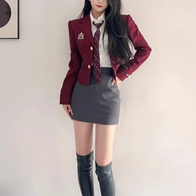 3 Pieces Women Clothing Skirt Sets Spring Autumn Long Sleeve Japan Sweet JK Uniform Preppy Style Fashion Casual Blazer Coat Suit deconstruction of the multi button blazer jacket knight uniform blazer jacket