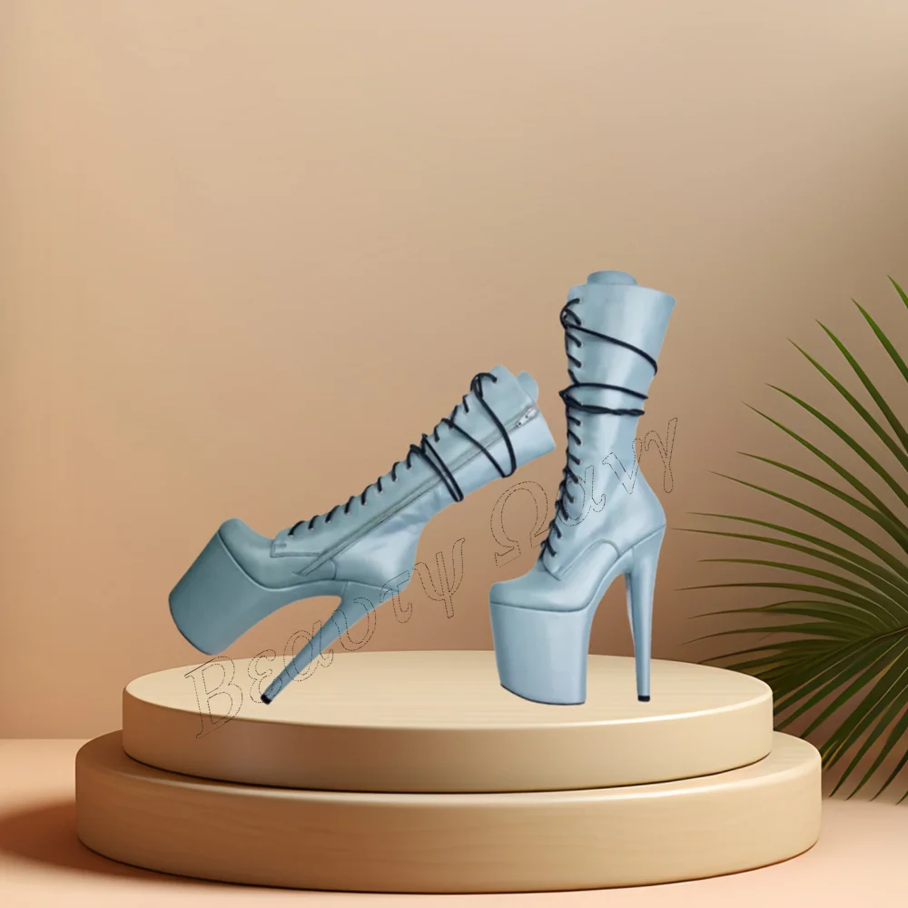 

Blue Round Toe Spike Heel Boots Solid Platform Spike High Heel Shoes for Women Round Toe High Heels 2023 New Zapatos Para Mujere