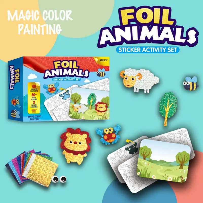 Foil Cartoon Stickers Set for Kids Creative Education Toys Animal Foil Art Craft Kit for Back to School Easter Birthday Gifts