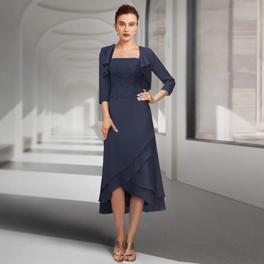 

Elegant Chiffon Mother of the Bride Dresses Square Neck 3/4 Sleeves Wedding Party Gowns Lace Tea Length A-Line فساتين السهرة