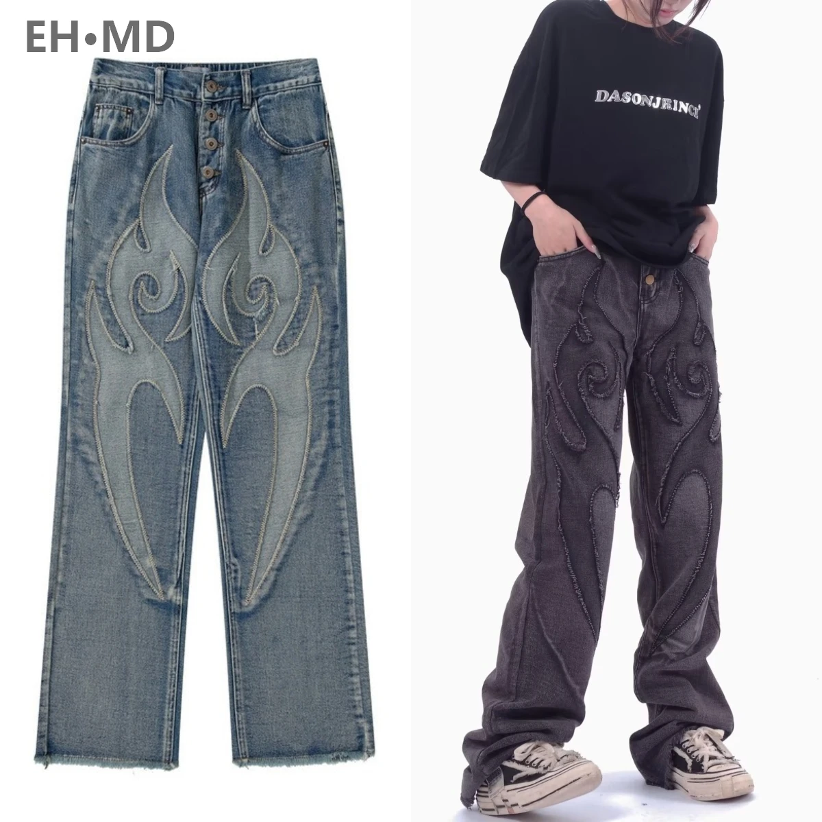 EH·MD High Street American Jeans Women Splice Patch Embroidery Pants Large Size Loose Straight Sleeve Ragged Edge Elastic Flame2