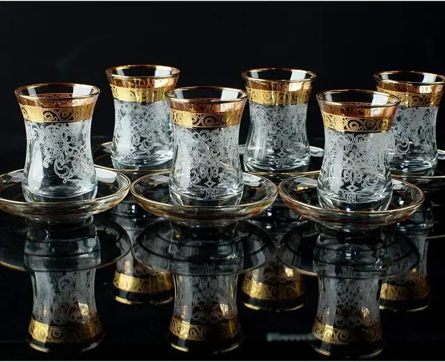 Vintage Turkish Tea Glasses Set of 6 – Gold Moroccan Style Cups & Saucers