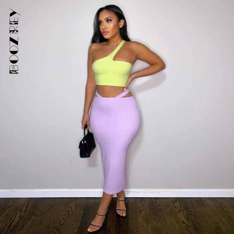 BoozRey Contrasting Color One Shoulder Wrap Chest Slant Collar Vest Hollow Solid Color Midi Skirt Two-piece Fashion Casual Suit jkw sexy slant collar off the shoulder top fashion casual short skirt suit