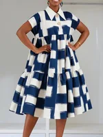 Yeezzi Women's Plaid Contrast Color Pleated Lapel A-line Dress Short Sleeves High Waisted Loose Casual Office Midi Dresses 2025 - Image 2