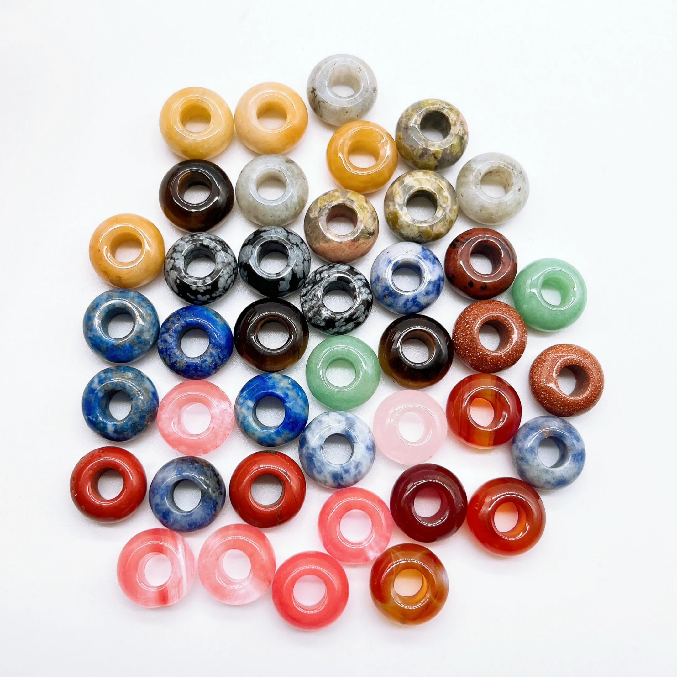 14MM 2pcs Natural Stone Big Hole Bead Round Donut Shape