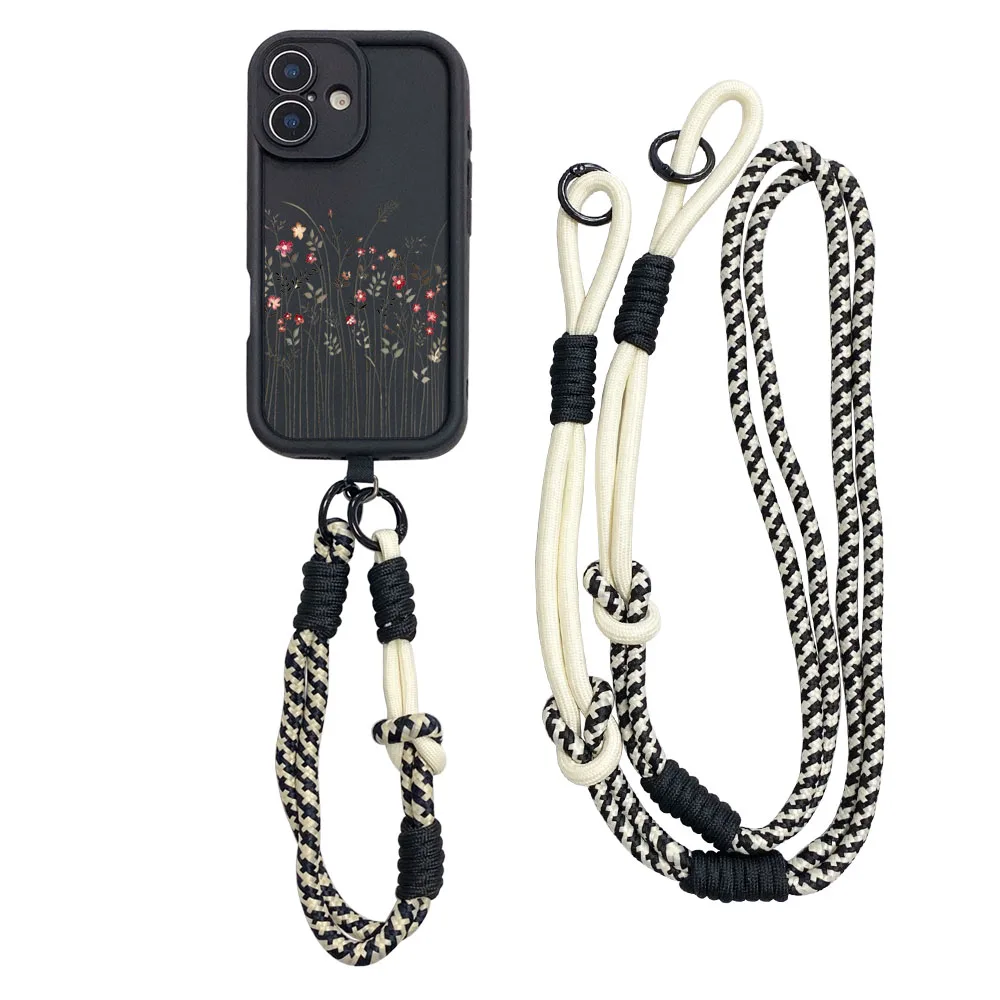 Floral Crossbody Lanyard Phone Case with Necklace Strap and Wrist Chain Cover
