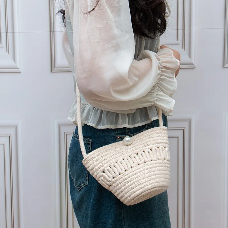 Cotton Rope Bucket Shoulder Bag For Women Handamade Woven Handbag